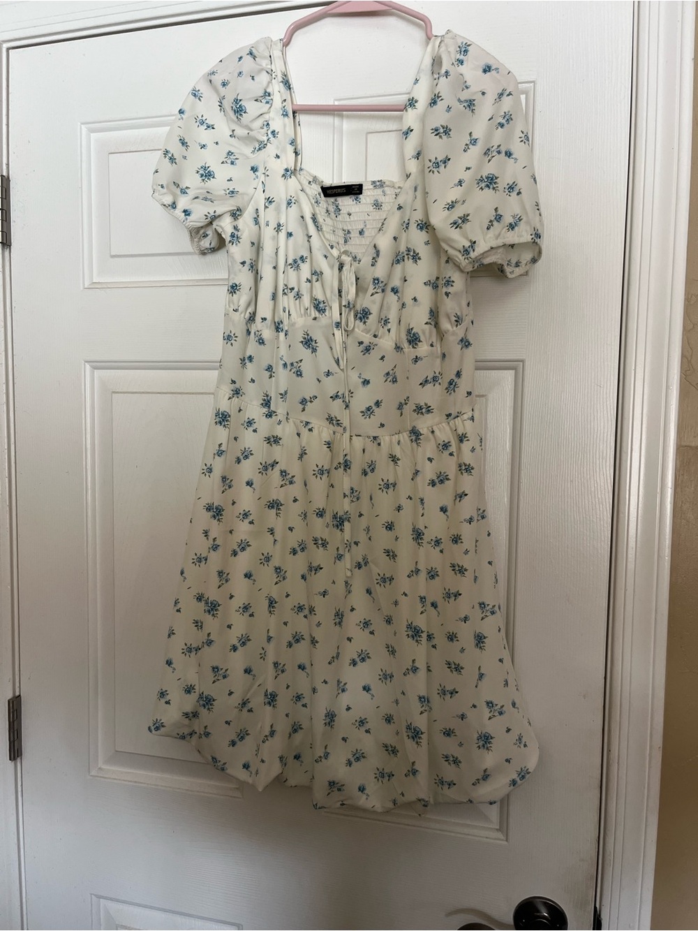 Hesperus Blue Floral Milkmaid Mini Dress Large Smocked Puff Sleeve Cottagecore